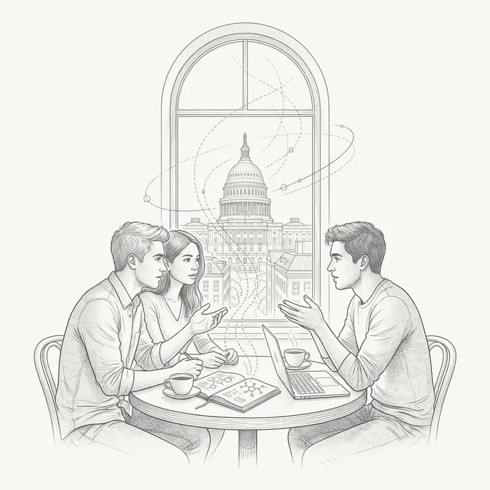 The spark: students in conversation, the Capitol through the window