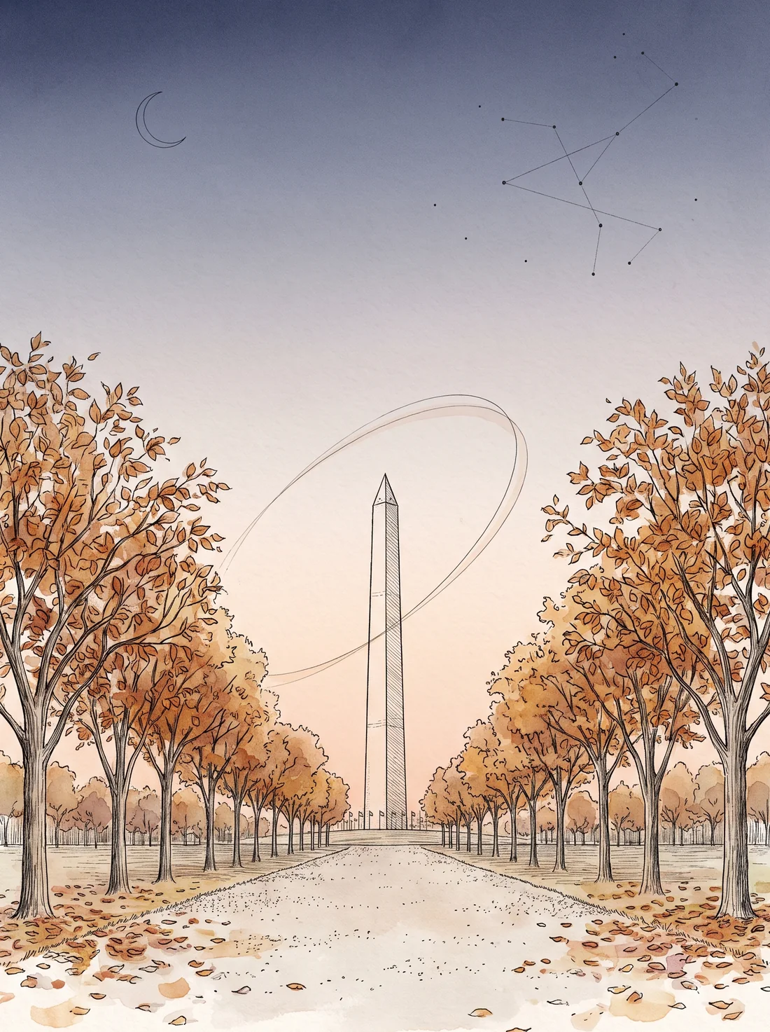The Fall 2025 cover: a pen-and-ink drawing of the Washington Monument at dusk down an avenue of autumn elms.