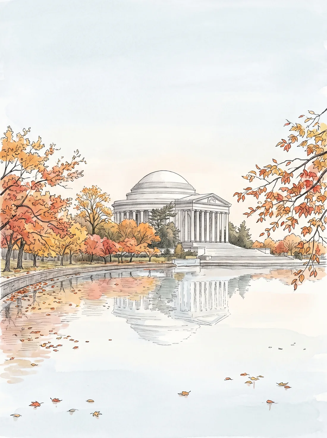 The Fall 2026 cover: a pen-and-ink drawing of the Jefferson Memorial across the Tidal Basin in autumn.
