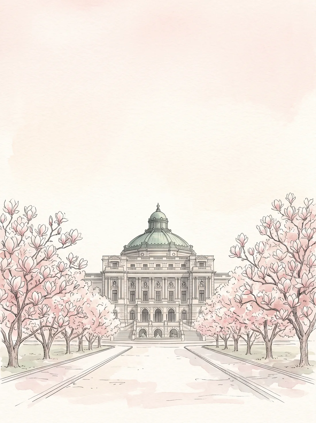The Spring 2025 cover: a pen-and-ink drawing of the Library of Congress framed by blooming magnolias.