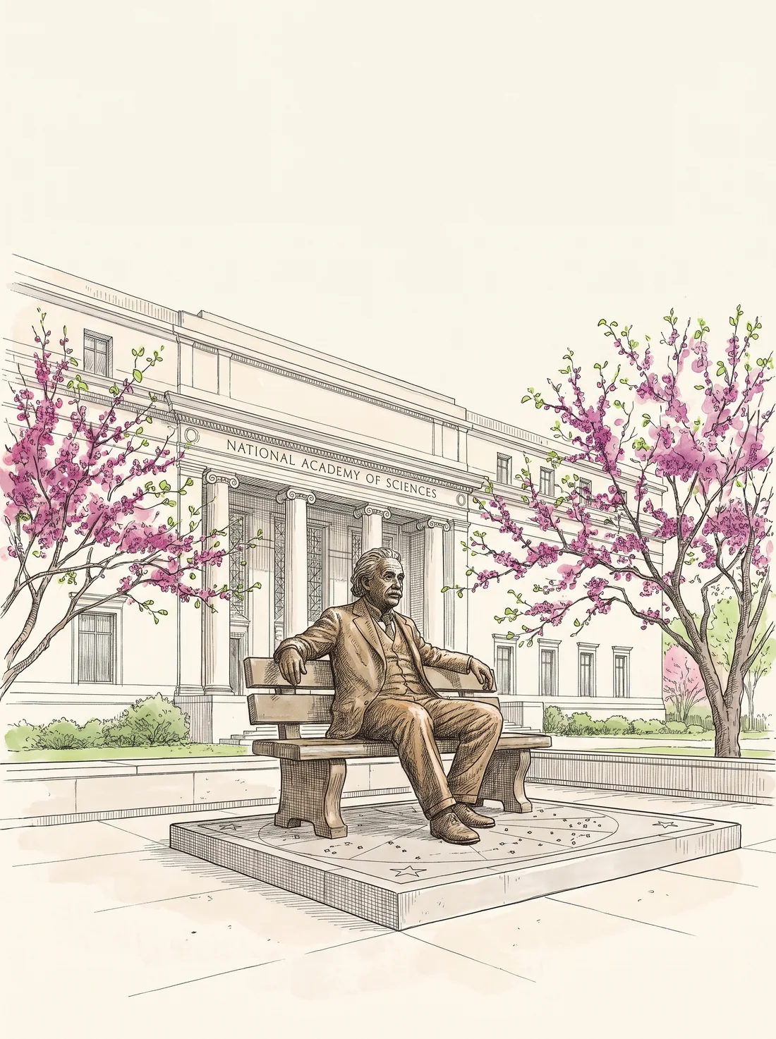 The Spring 2026 cover: a pen-and-ink drawing of the Albert Einstein Memorial among blooming redbuds.