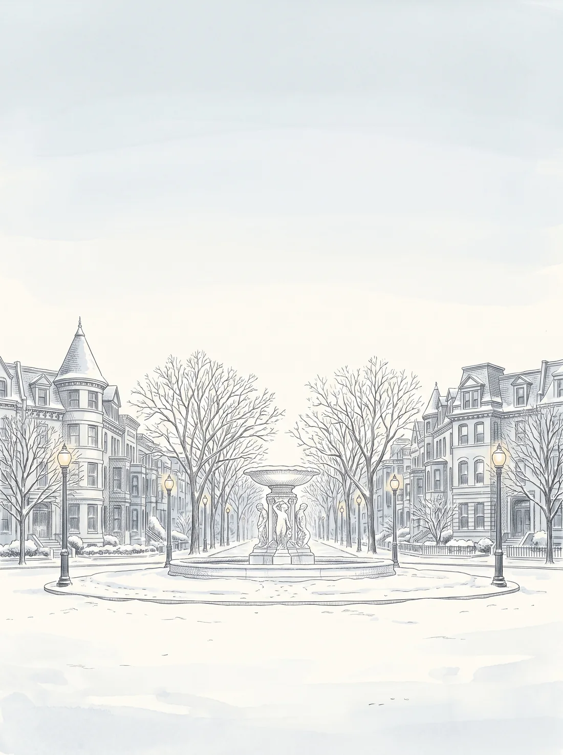 The Winter 2025 cover: a pen-and-ink drawing of Dupont Circle and its fountain in fresh snow.